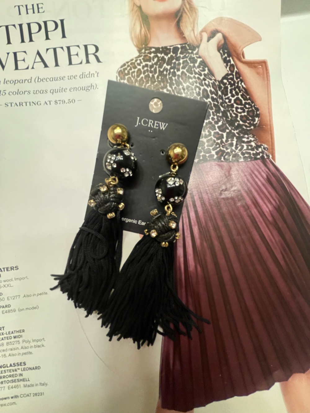 J. Crew Beautiful Stylish Black Beaded Tassel Drop Earrings with Gold Accents